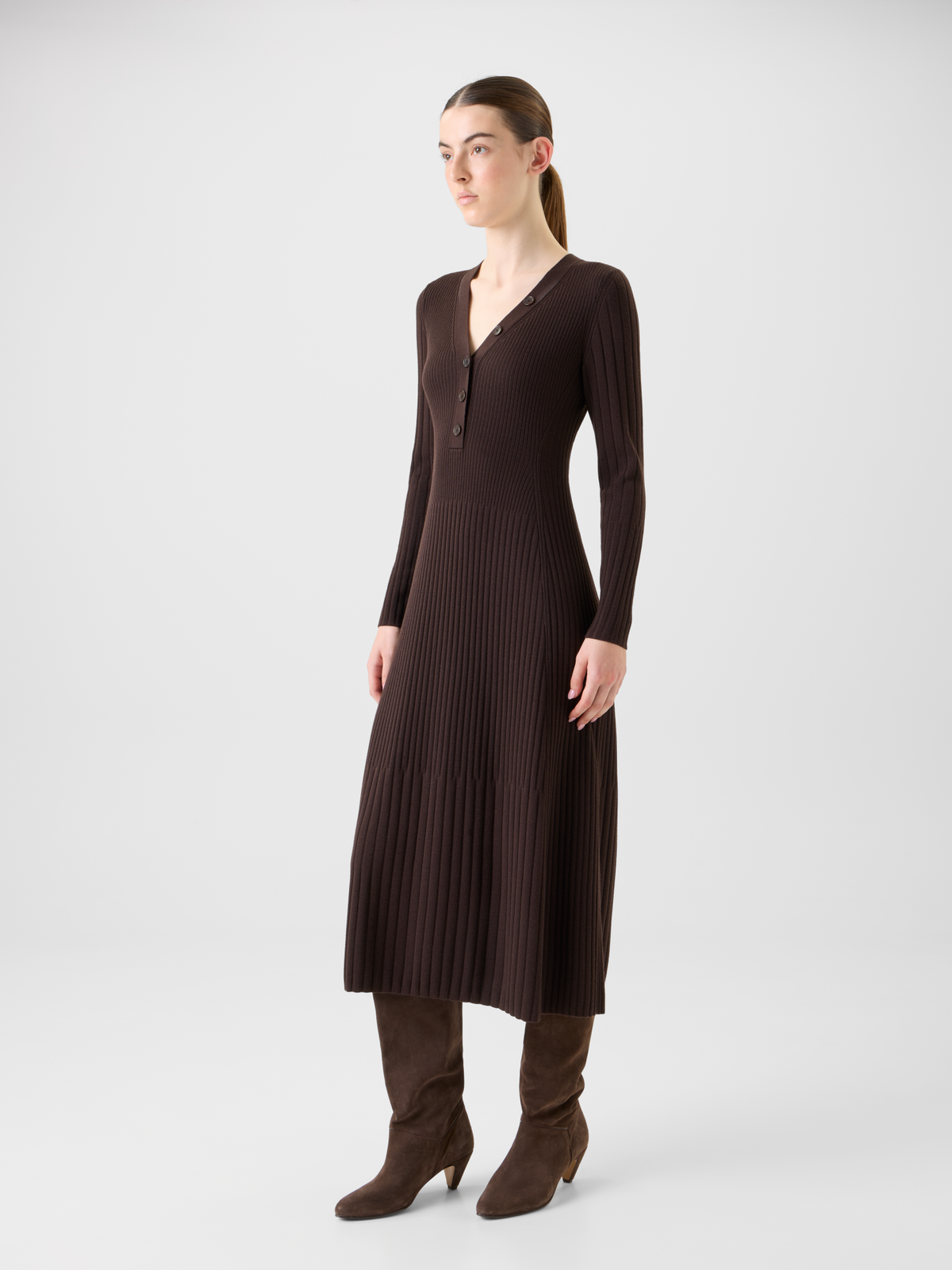 Designer Henley V-Neck Merino Wool Knit Midi Dress - neutral - brown #editorial