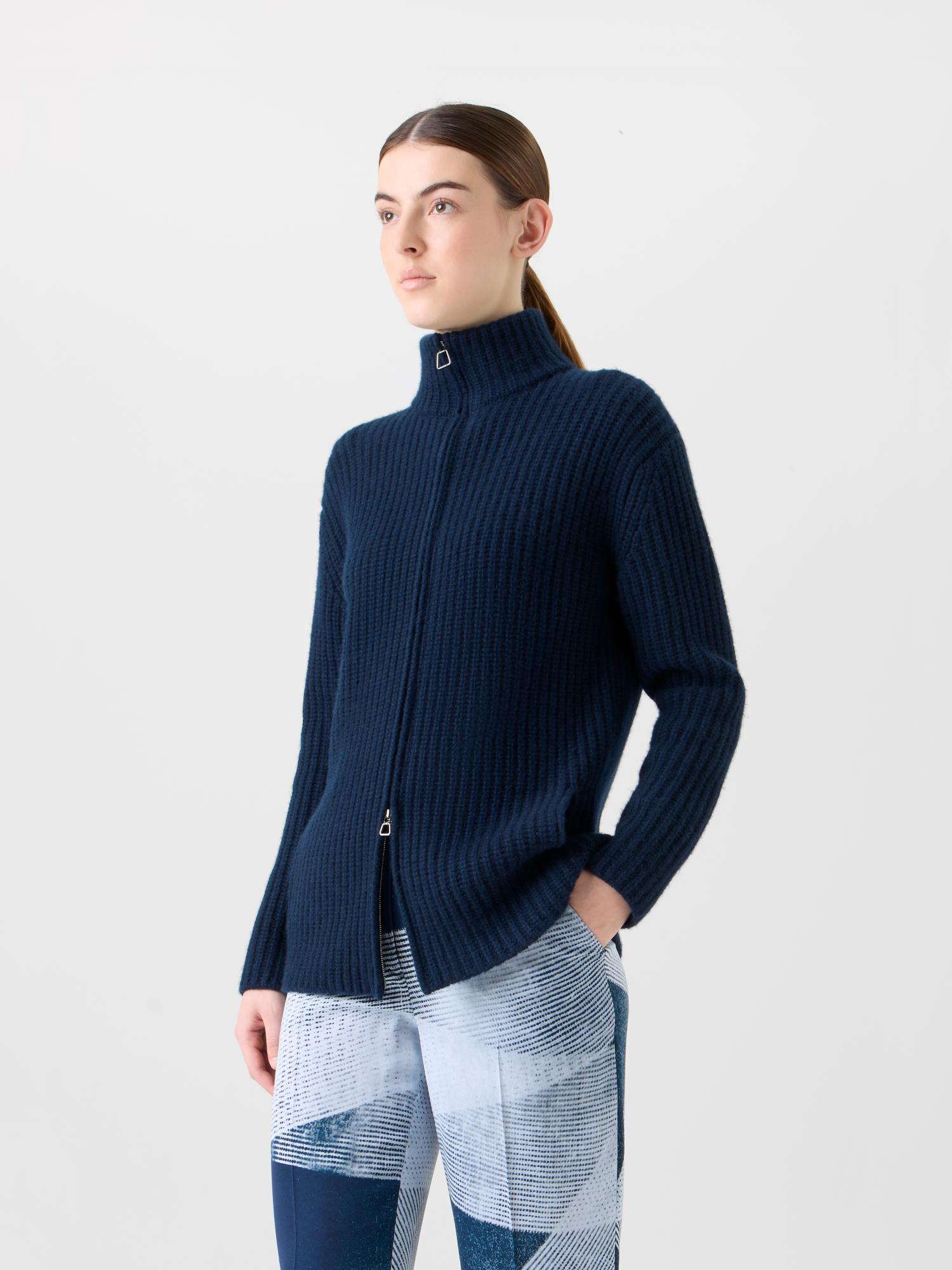 Designer Cashmere Mock Neck Chunky Knit Cardigan - neutral - navy - blue 