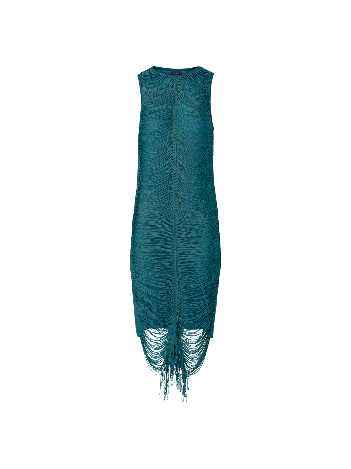 Designer Sleeveless Fringe Drape Knit Sheath Dress in Silk - green