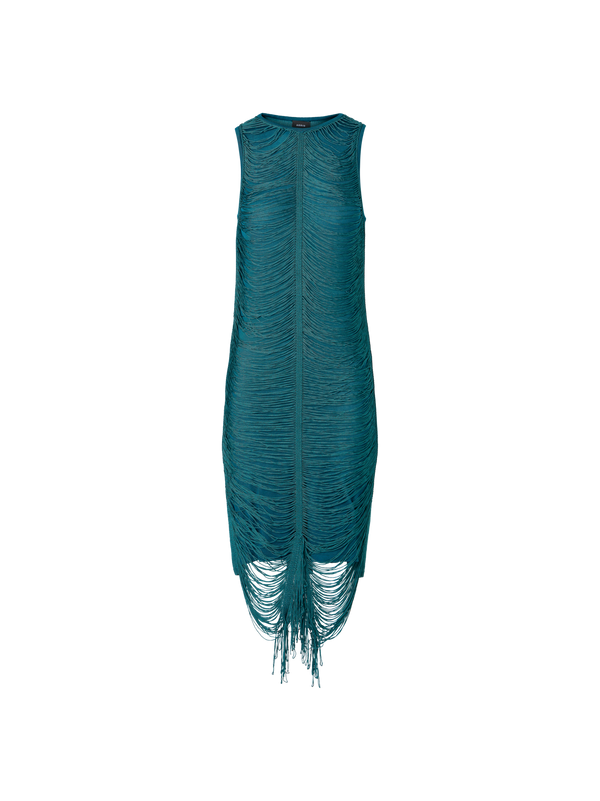 Designer Sleeveless Fringe Drape Knit Sheath Dress in Silk - green