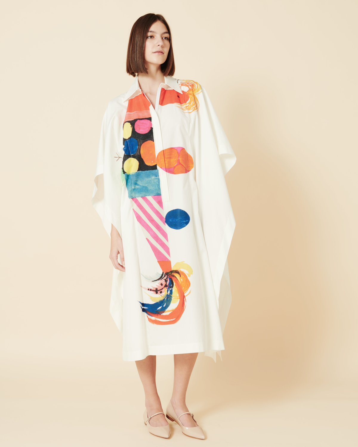 Designer Cotton Caftan Dress with Rooster Print - multicolor - ecru - white #editorial