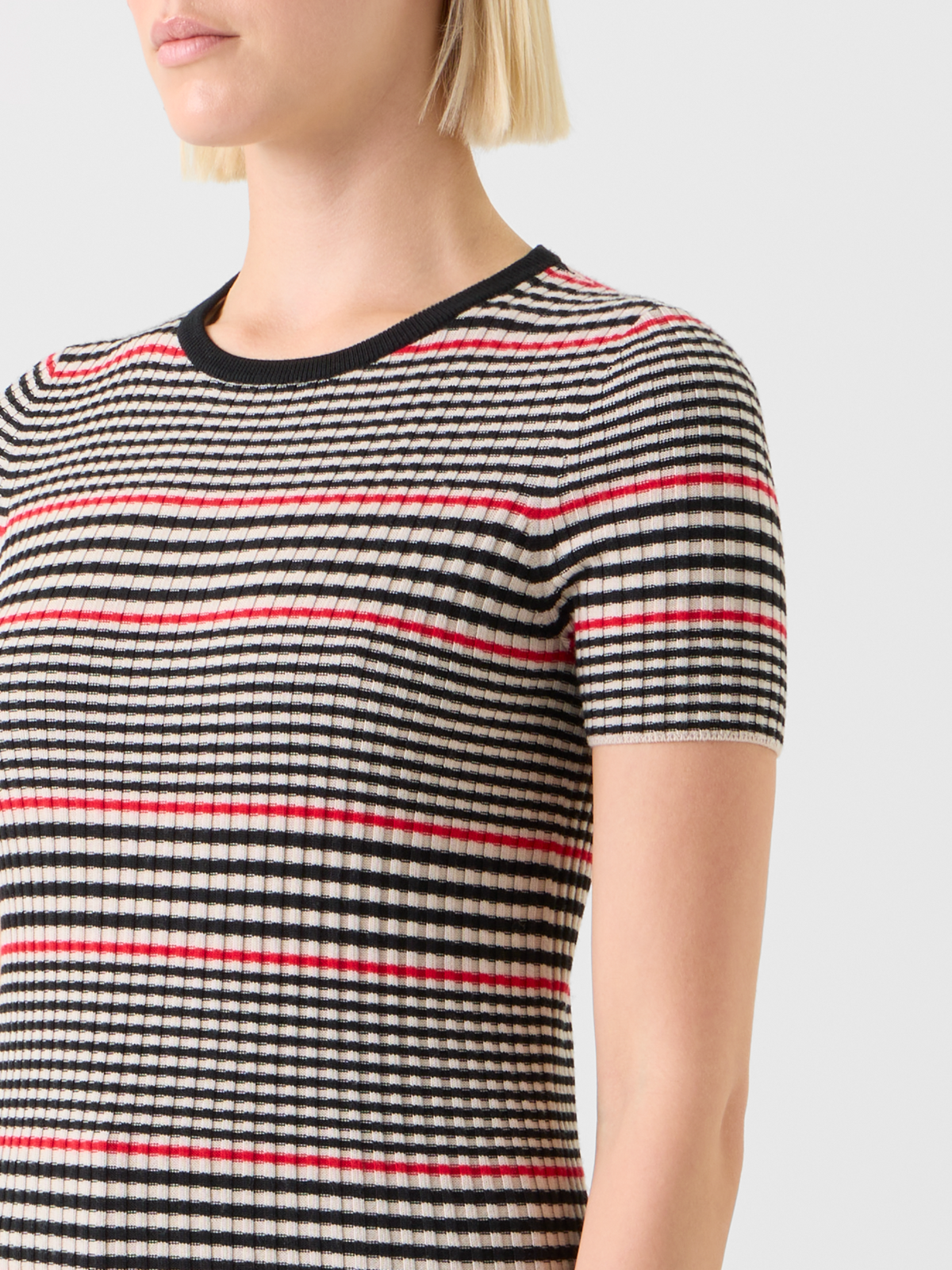 Designer Fitted Short Sleeve Merino Rib Striped Sweater - black - multicolor #editorial