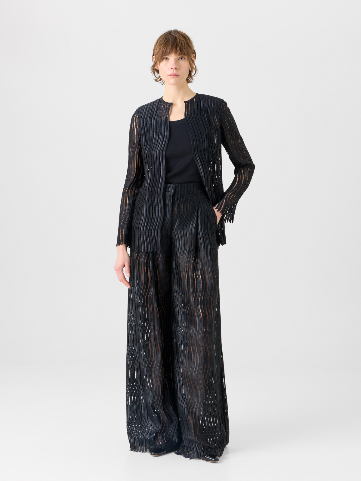 Designer Cassie Wide Pants in Wave Guipure - black #editorial