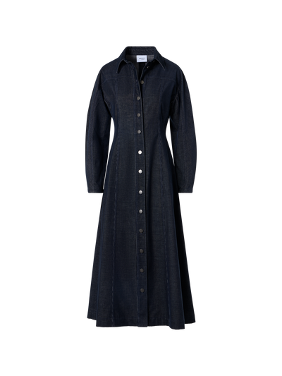 Designer Fit-and-Flare Midi Dress in Changeant Micro Corduroy - navy