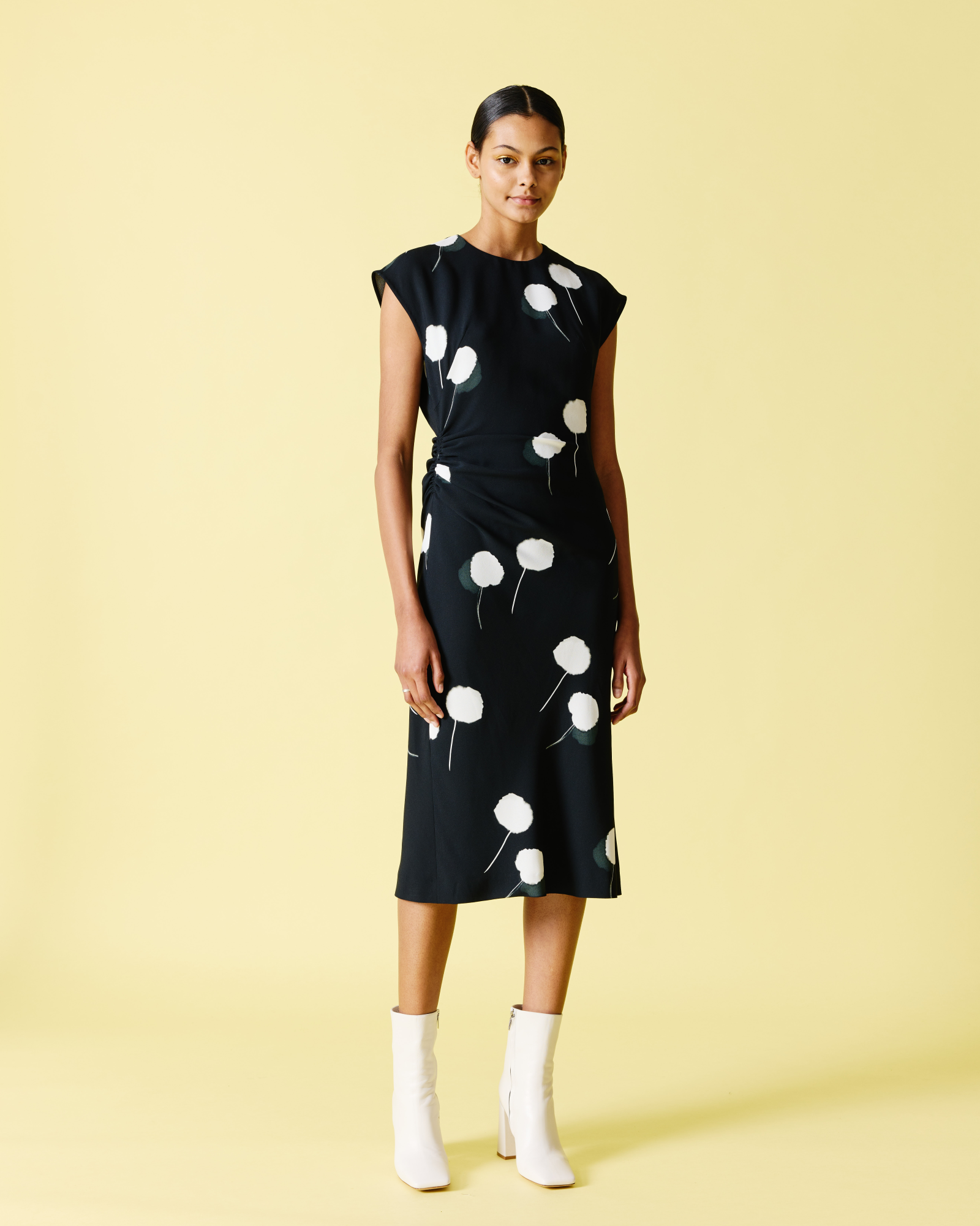 Designer Dandelion Print Midi Dress with Removable Bow - black - multicolor 