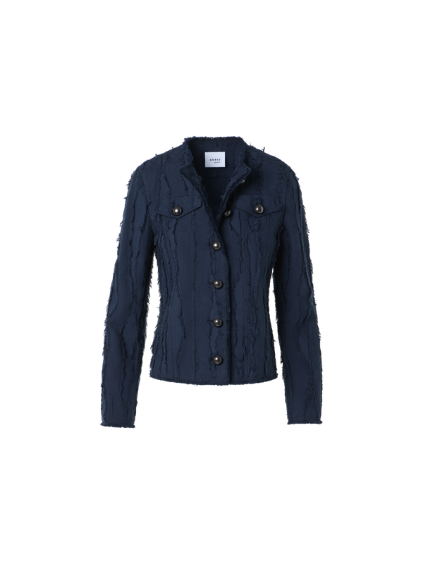 Designer Fringed Wave Jacquard Cotton Jacket - navy - blue