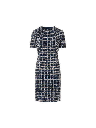 Designer Short-Sleeve Tweed Check Sheath Dress - blue