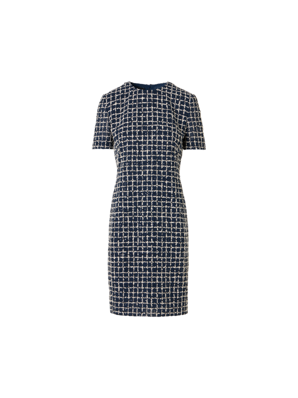 Designer Short-Sleeve Tweed Check Sheath Dress - blue