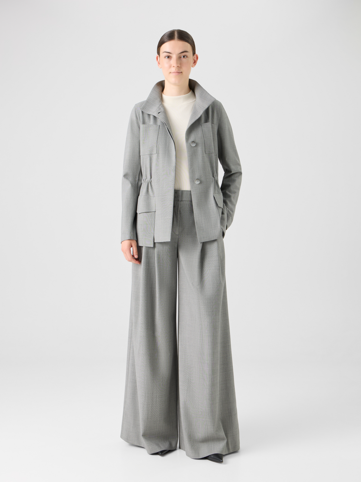 Designer Wool Stretch Fil-à-Fil Wide-Leg Pants - grey #editorial