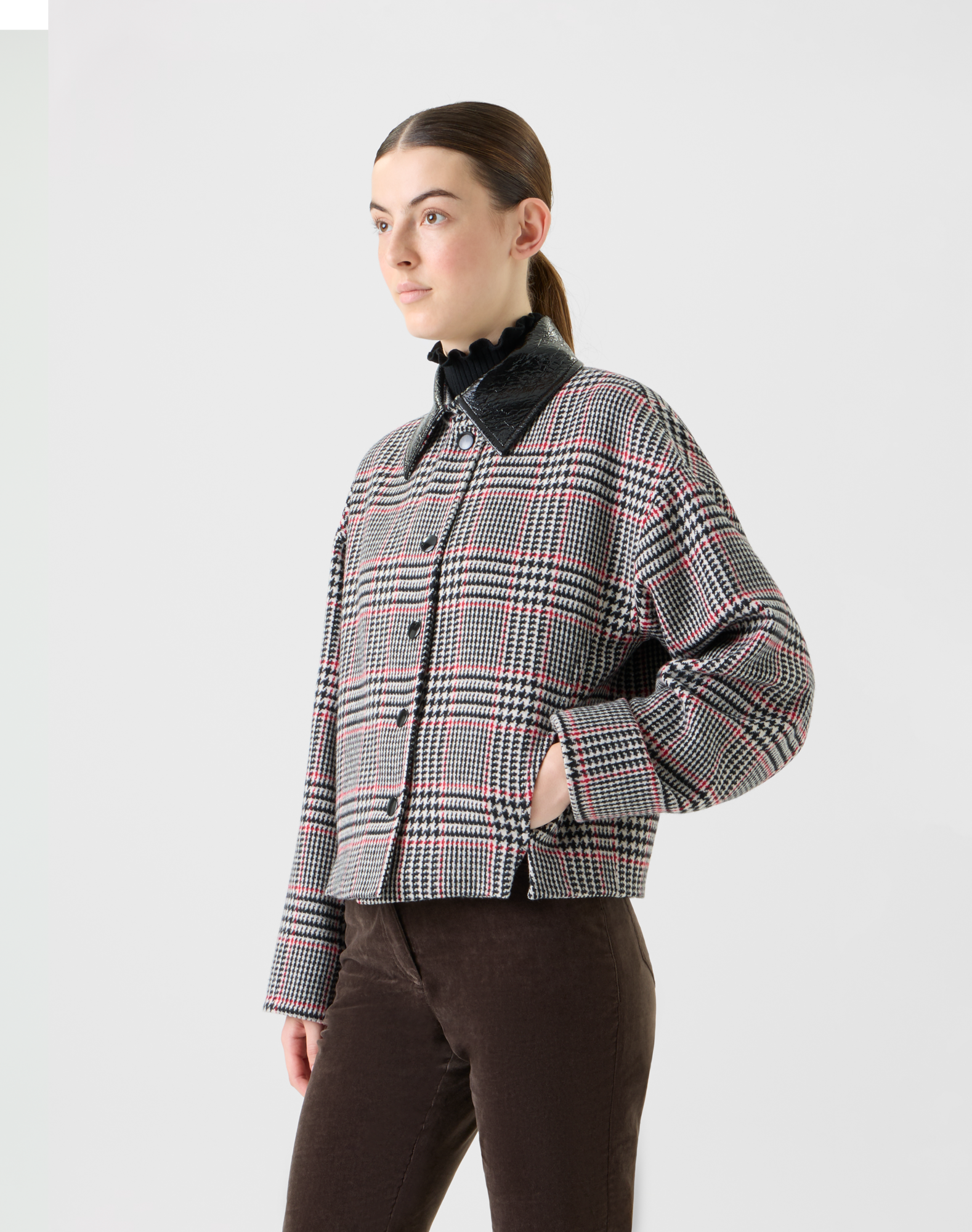 Designer Glencheck Tweed Jacket with Faux Leather Collar - black - multicolor 