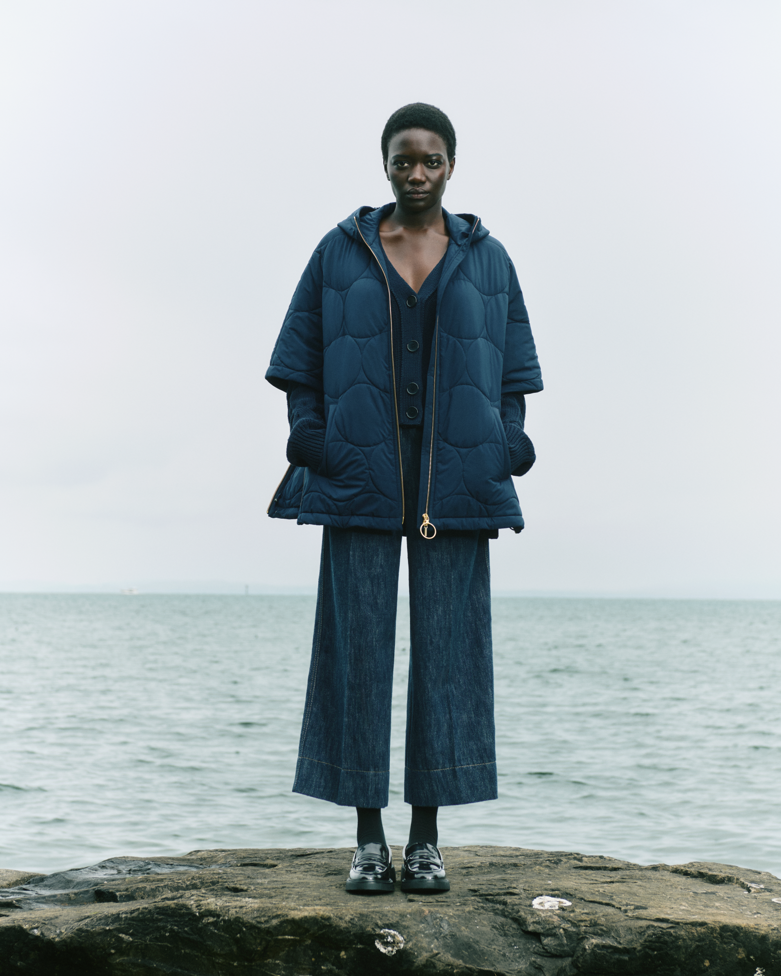 Designer A-Line Puffer Jacket in Dot Quilt - navy - blue 