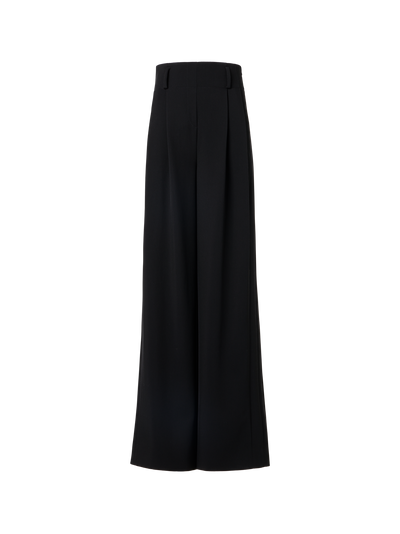 Designer High Waist Pleated Pants in Wool Tricotine - black