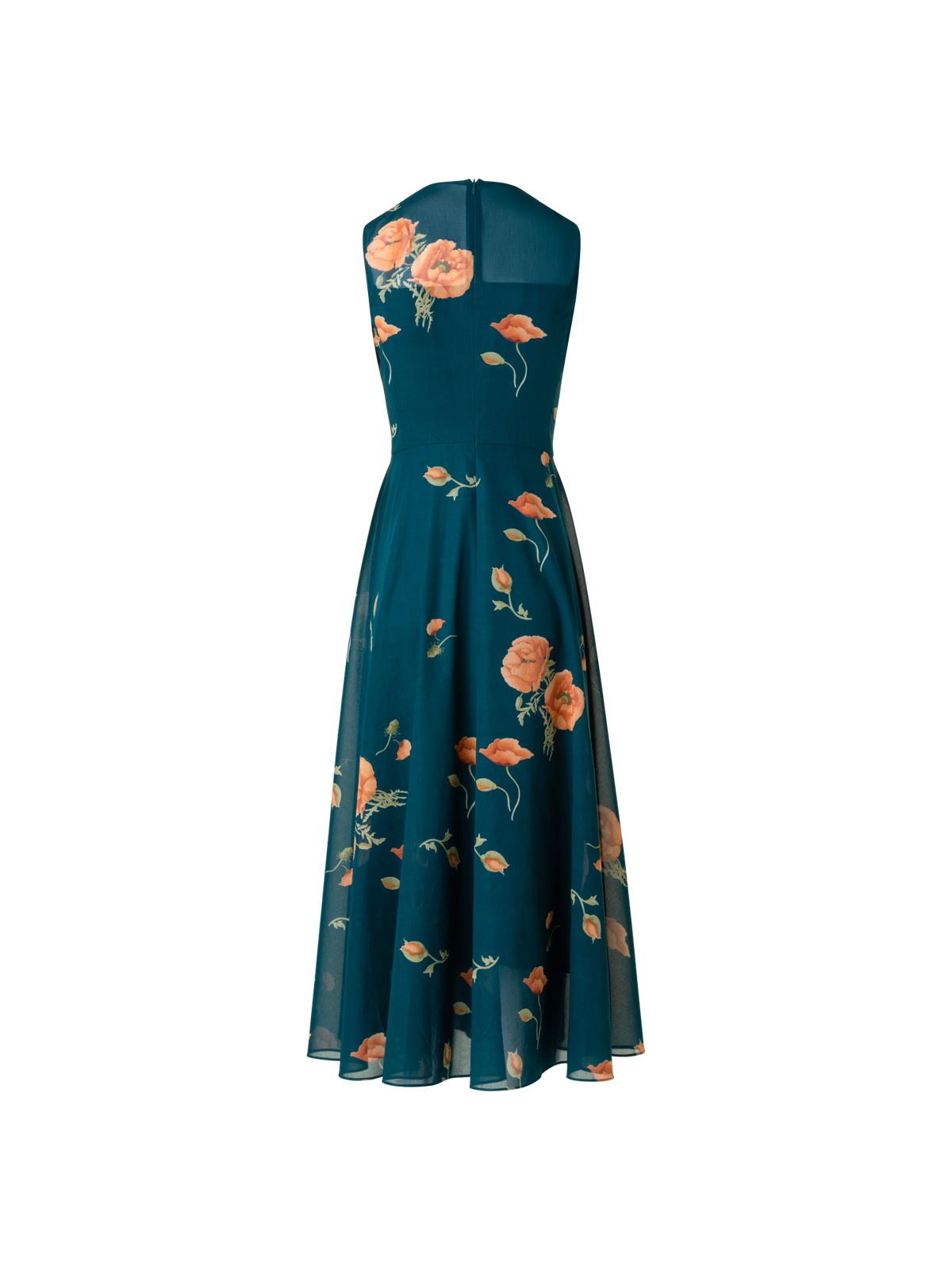 Designer Flared Cotton Midi Dress with Anemone Print  - green - multicolor