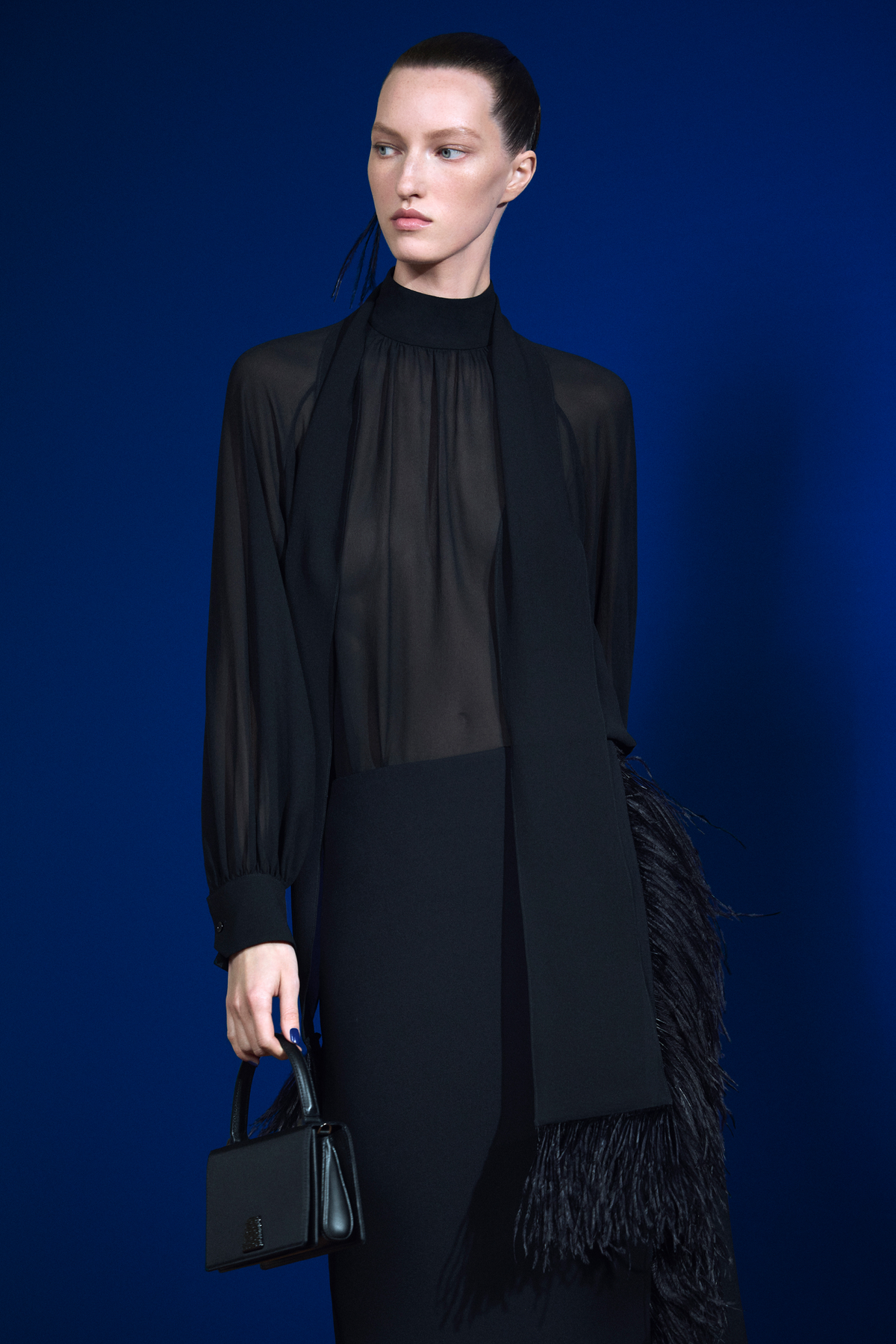 Designer Sheer Silk Tie Neck Blouse with Feather Trim - black - neutral #editorial