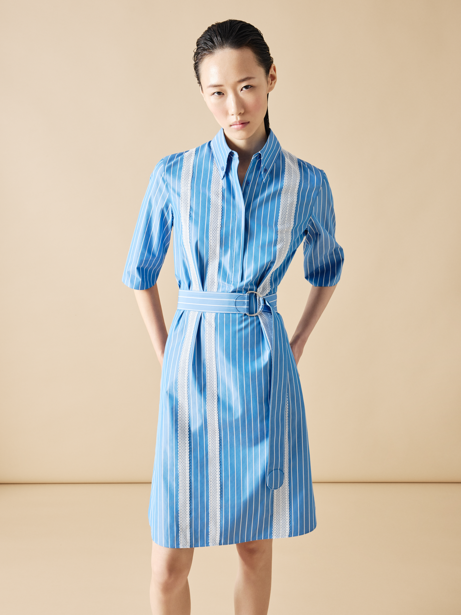 Designer Shirt Dress in Striped Cotton with Mesh Tape - blue - multicolor 
