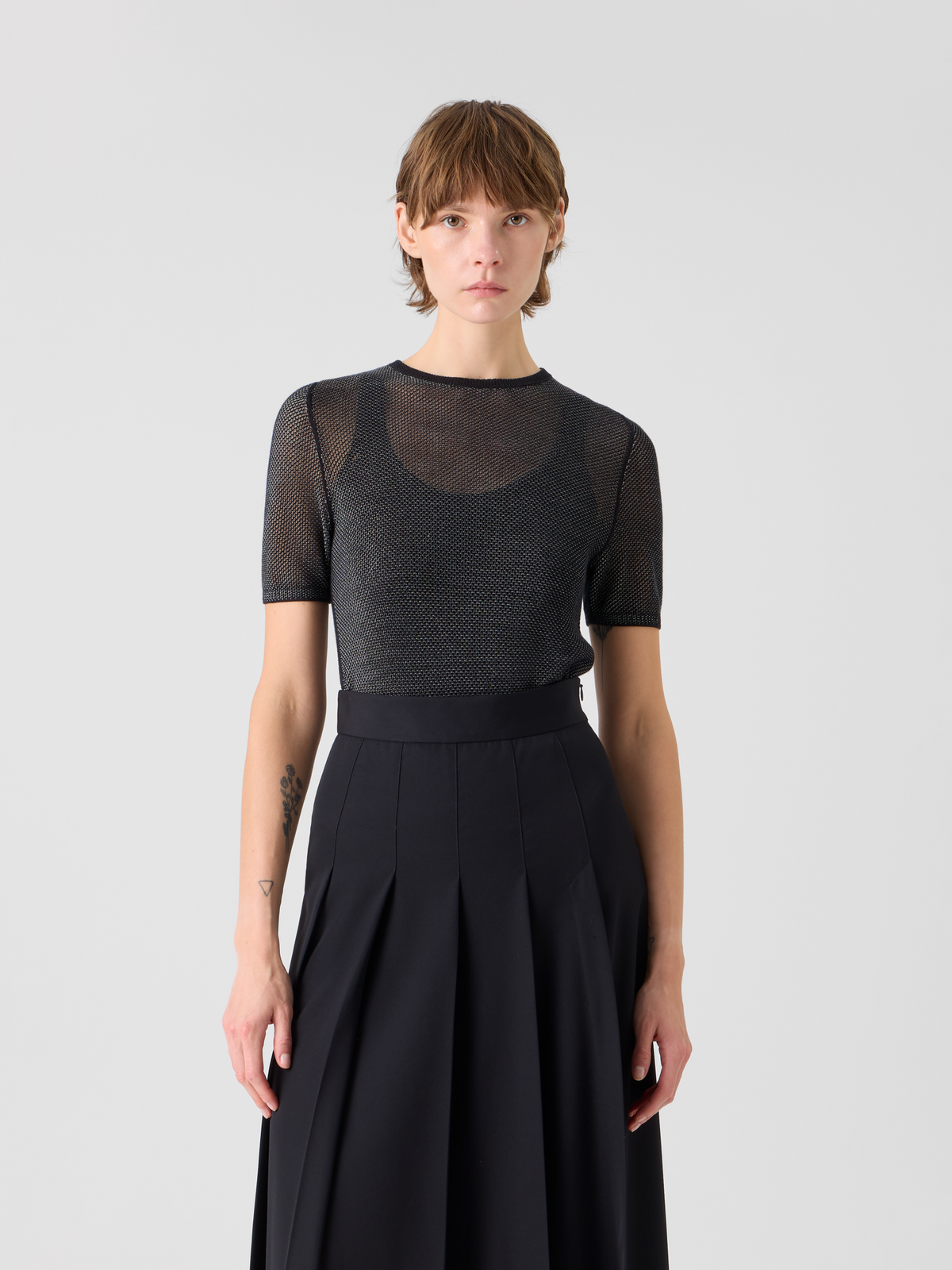 Designer Fitted Two Tone Grid Sweater in Silk - black #editorial