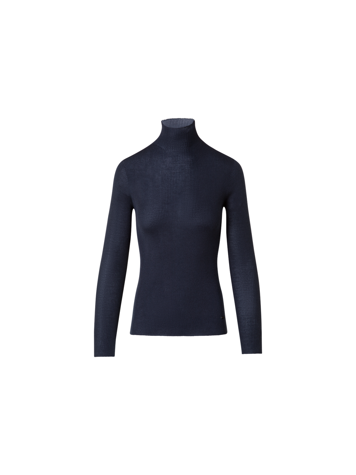 Designer Fine Rib Cashmere Silk Mock Neck Pullover - navy - blue