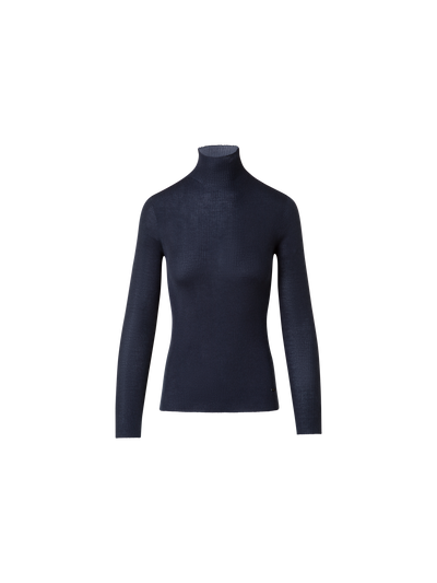Designer Fine Rib Cashmere Silk Mock Neck Pullover - navy - blue