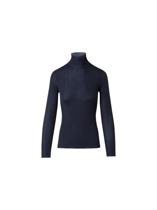 Designer Fine Rib Cashmere Silk Mock Neck Pullover - navy - blue