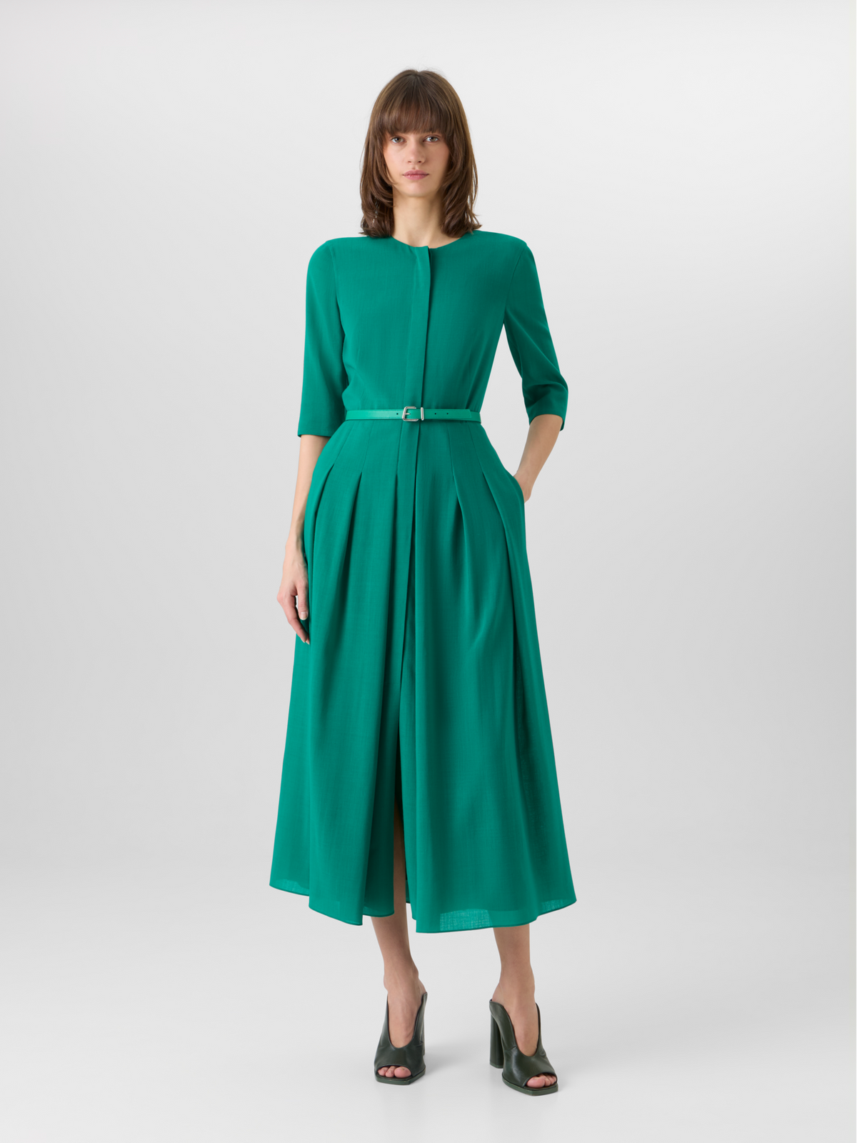 Designer Long-Sleeve Wool Shelly Midi Dress - green #editorial