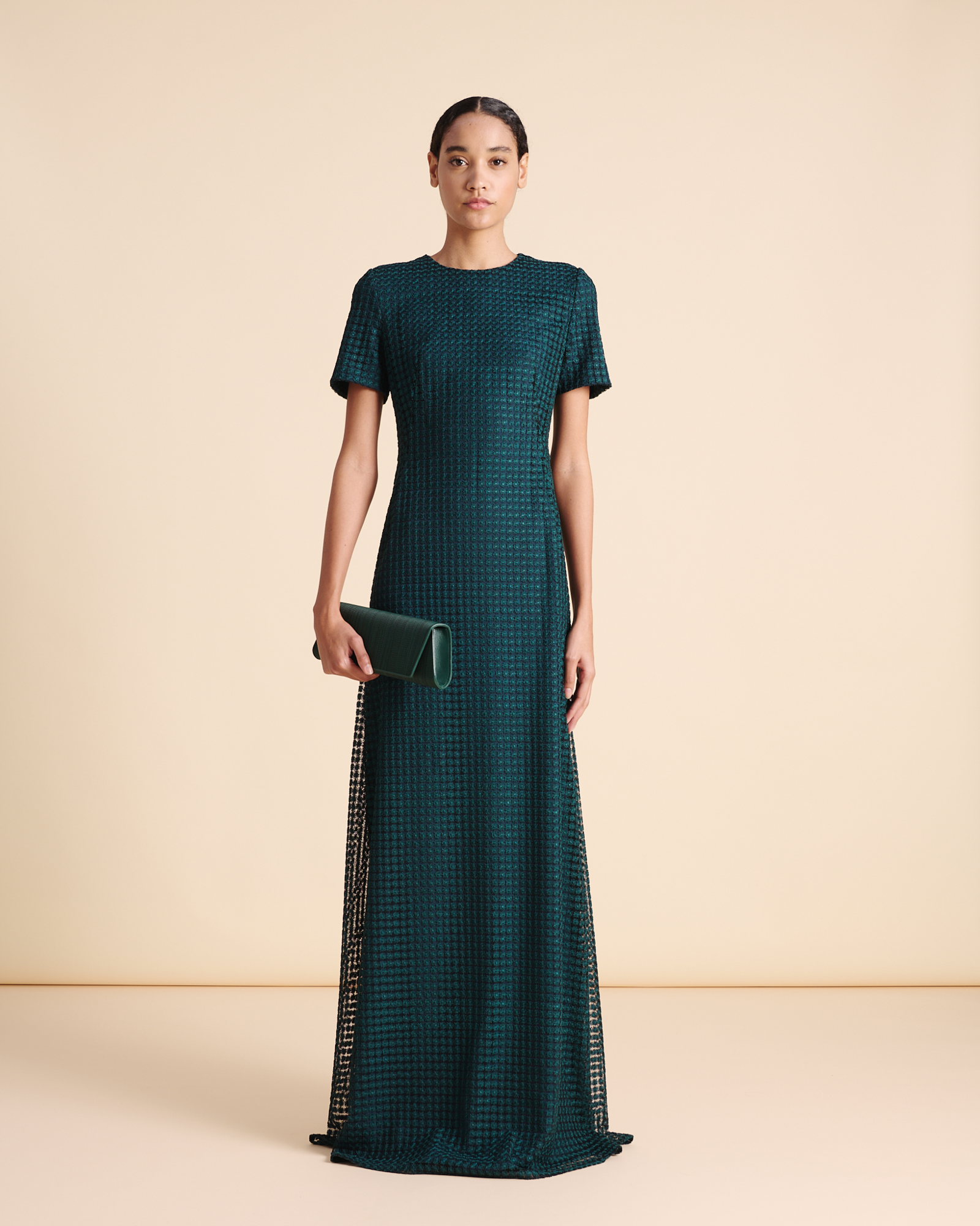 Designer Fitted Evening Gown in Flower Embroidery - green 