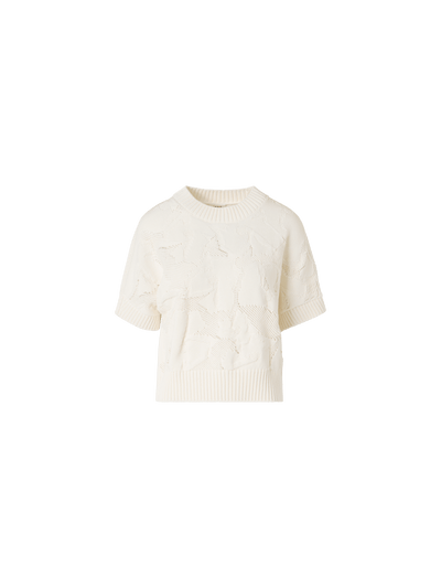 Designer Short-Sleeve Chunky Cotton Ajouré Knit Sweater - ecru