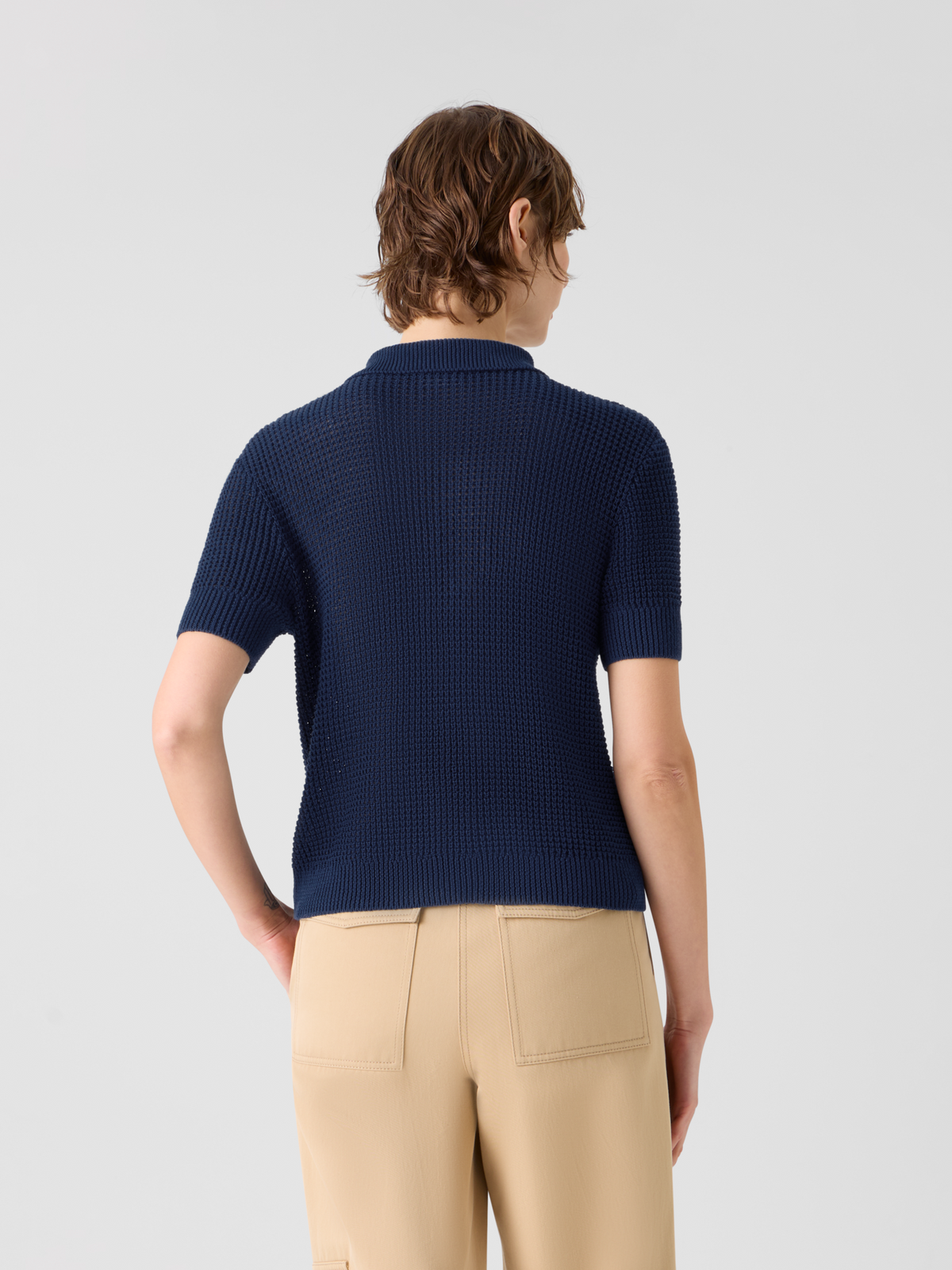Designer Linen-Cotton Short-Sleeve Knit Cardigan - navy - blue