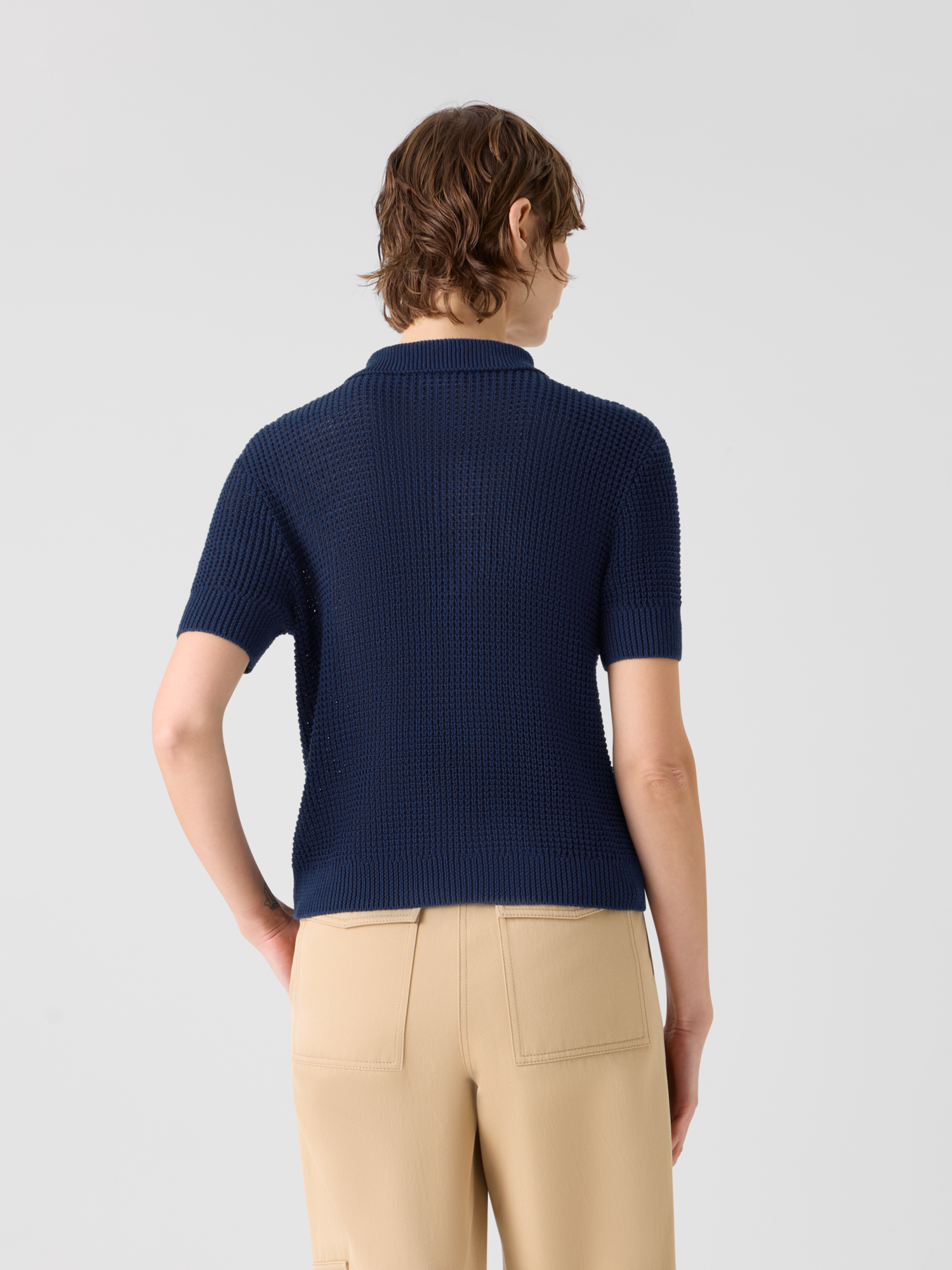 Designer Linen-Cotton Short-Sleeve Knit Cardigan - navy - blue