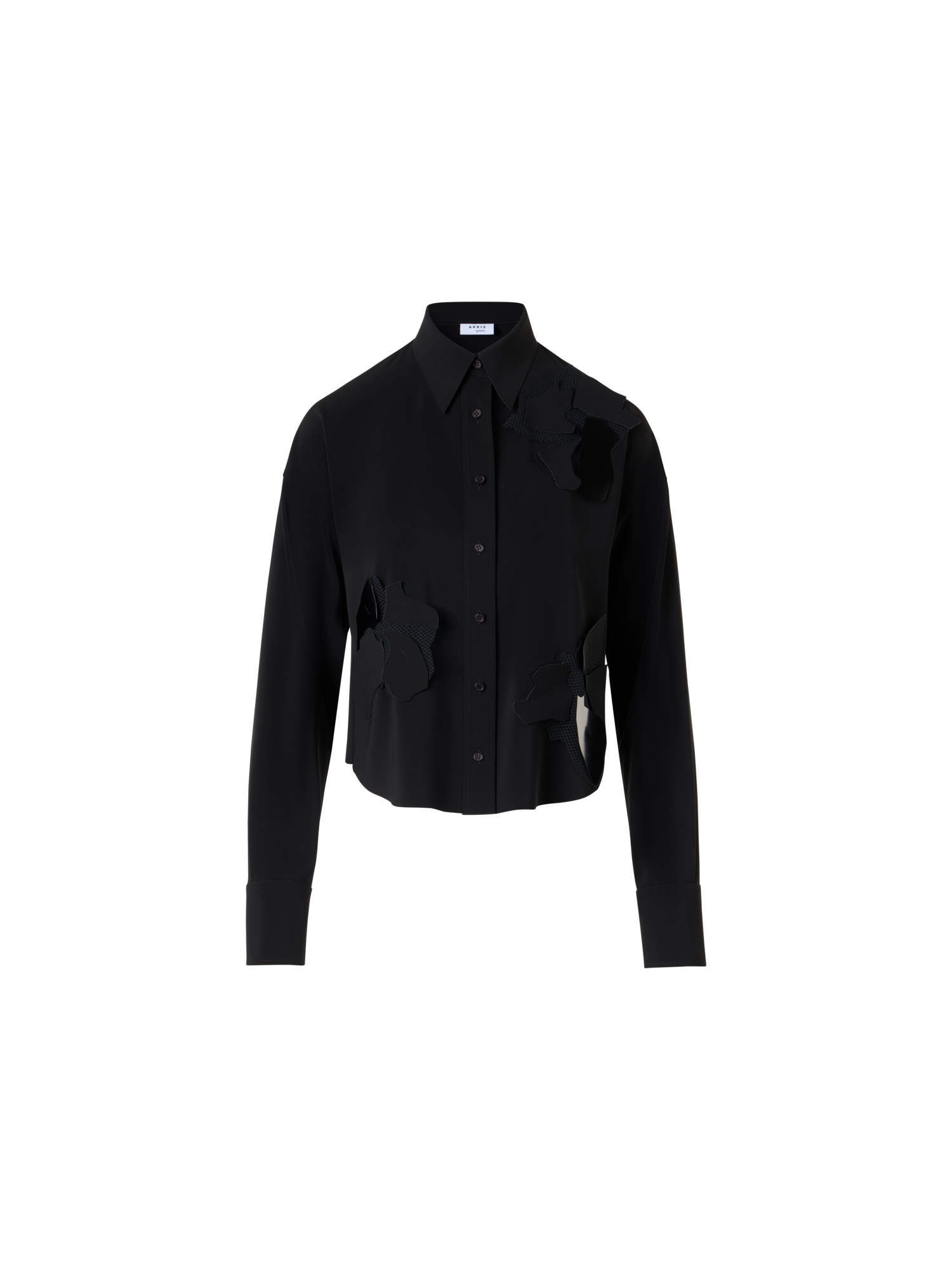 Designer Long-Sleeve Papercut Flower Blouse - black