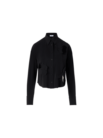 Designer Long-Sleeve Papercut Flower Blouse - black