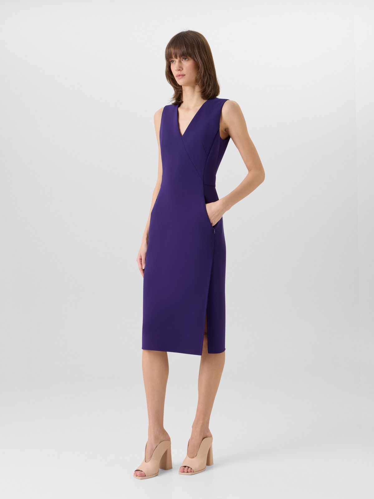 Designer Sleeveless Bi-Stretch Wool Double-Face Shift Dress - purple #editorial