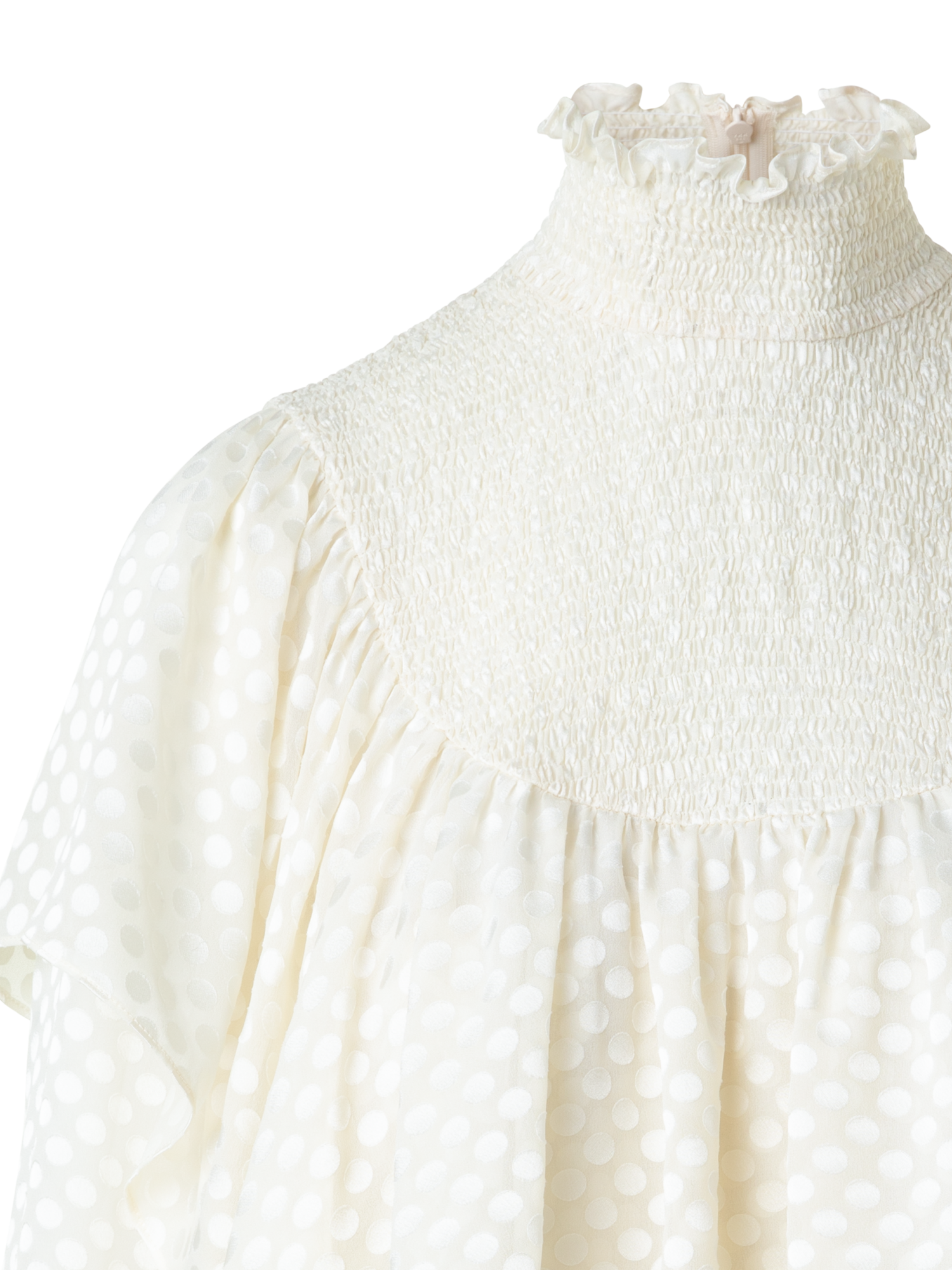 Designer Boho Smocked Flounce Shoulder Dotted Blouse - neutral - ecru - white