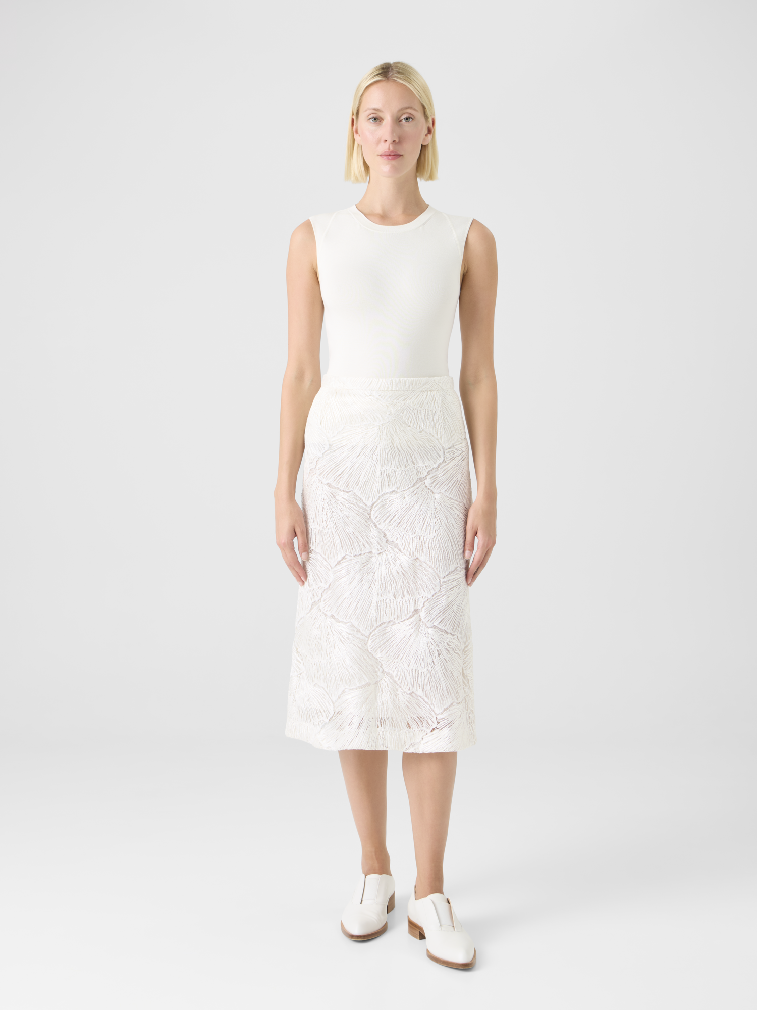 Designer Techno Lacquered Sea Fan Lace A-Line Skirt - ecru 