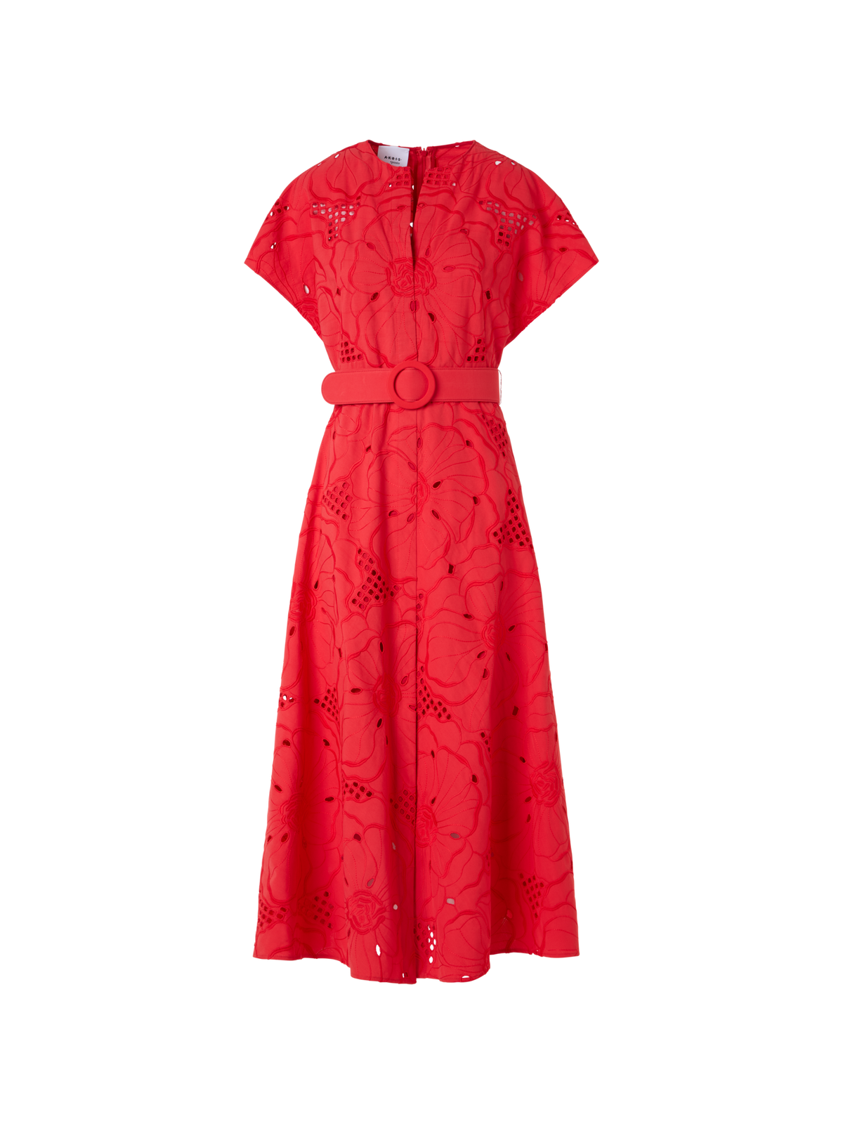 Designer Flower Eyelet Midi Dress - red