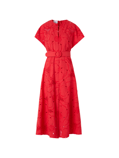 Designer Flower Eyelet Midi Dress - red