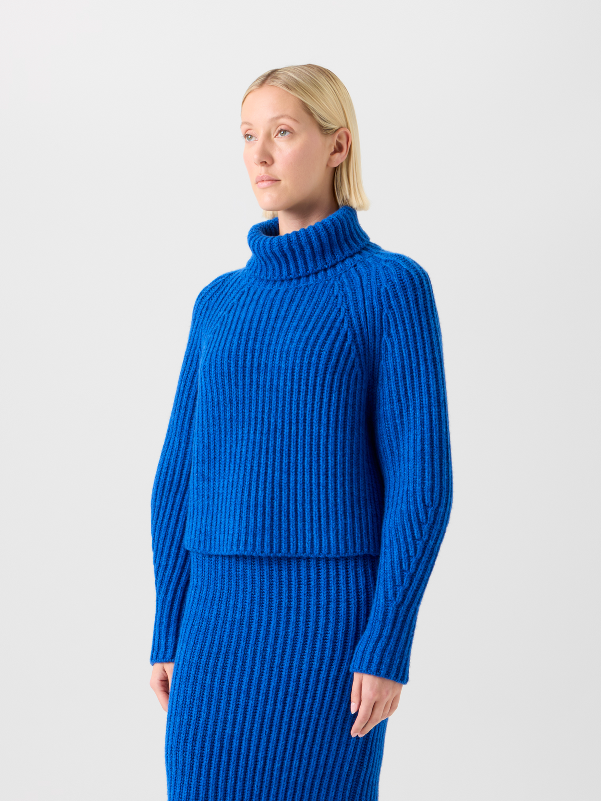 Designer Cropped Cashmere Chunky Rib Turtle Neck Sweater - blue #editorial