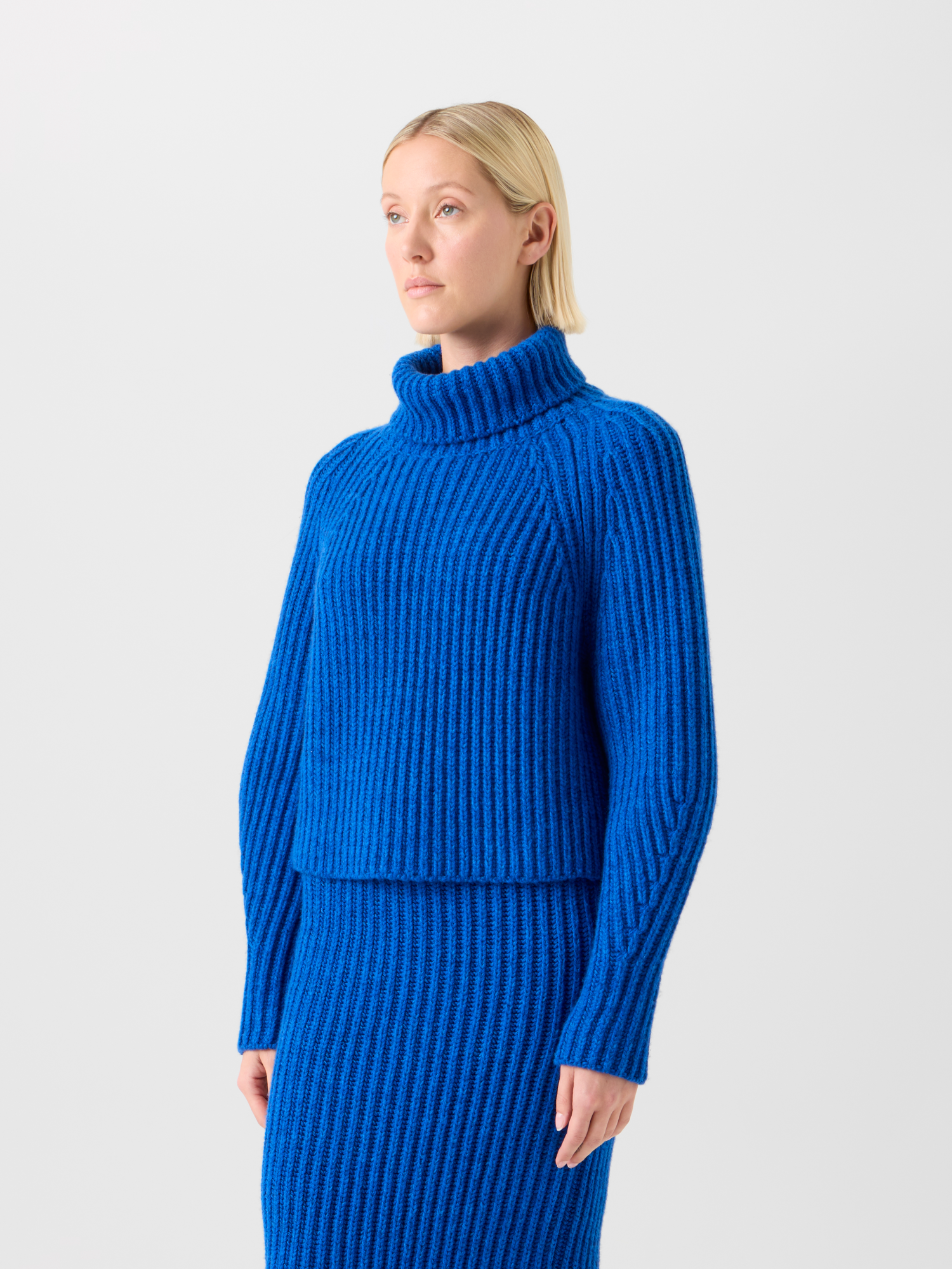 Designer Cropped Cashmere Chunky Rib Turtle Neck Sweater - blue 