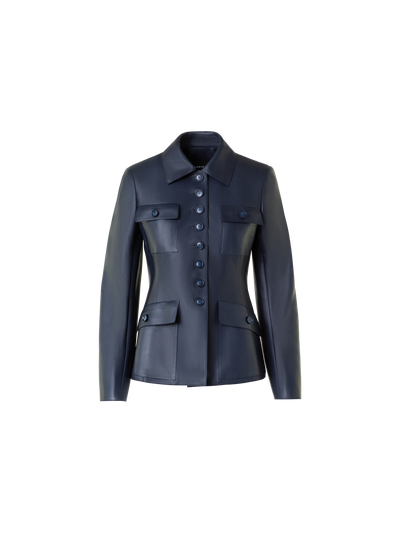 Designer Fitted Leather Jacket with Patch Pockets - neutral - navy - blue