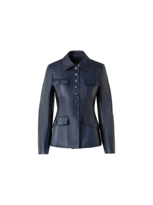 Designer Fitted Leather Jacket with Patch Pockets - neutral - navy - blue