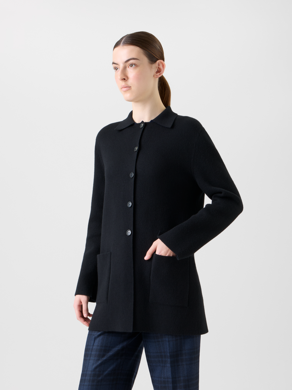 Designer Short Bi-Color A-Line Cashmere Double-Face Coat - neutral - navy - blue #editorial