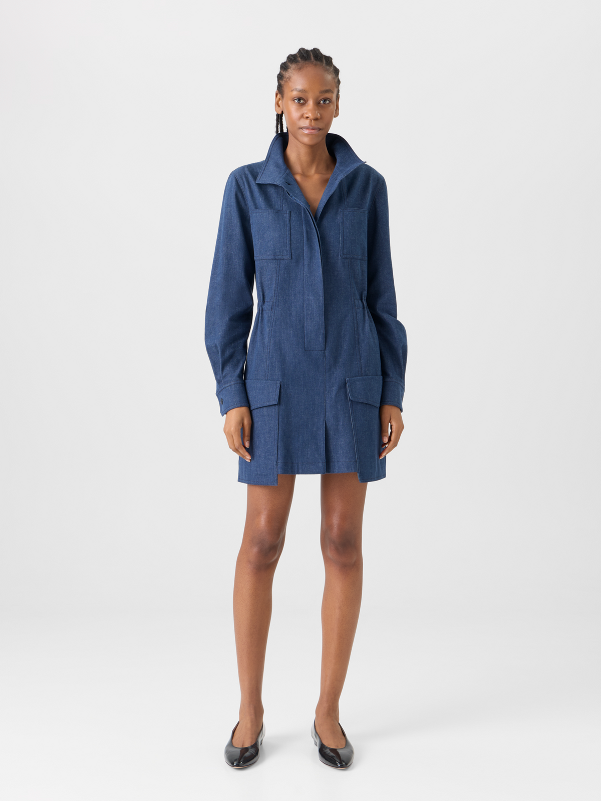 Designer Short Dress in Sea Island Denim - blue #editorial