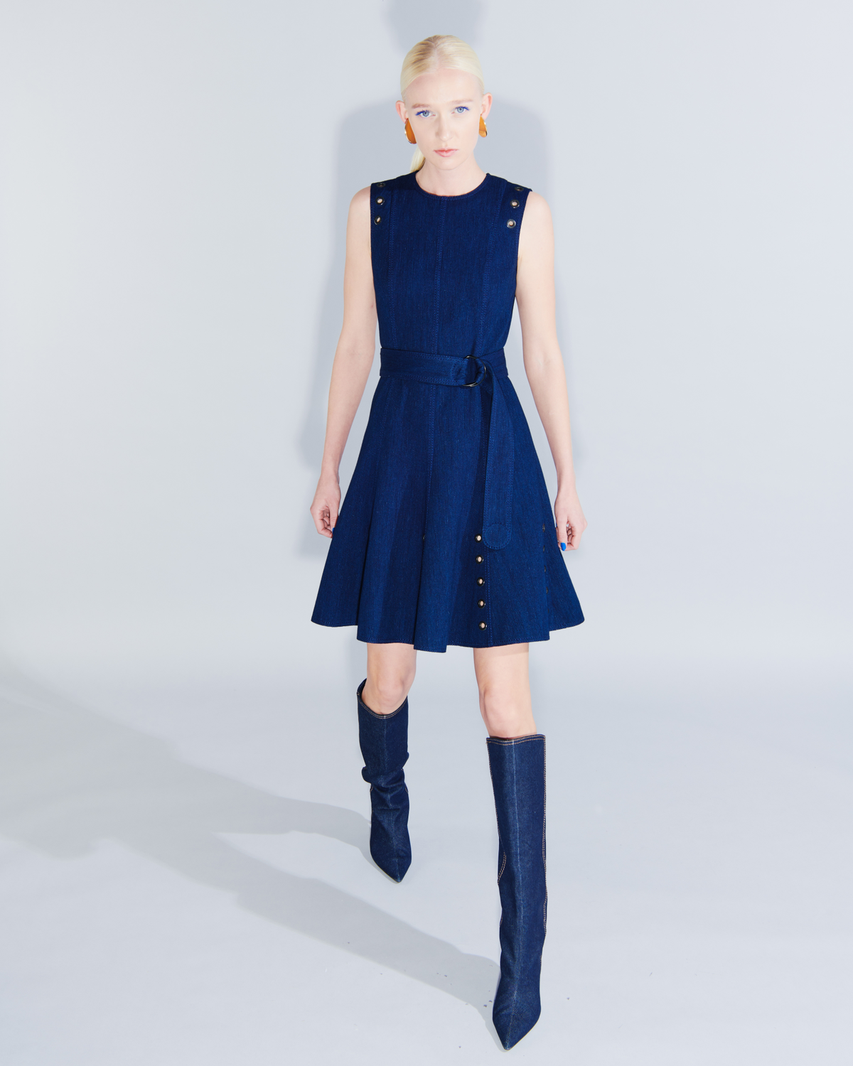 Designer A-Line Denim Stretch Dress with Eyelet Detail - navy - blue #editorial