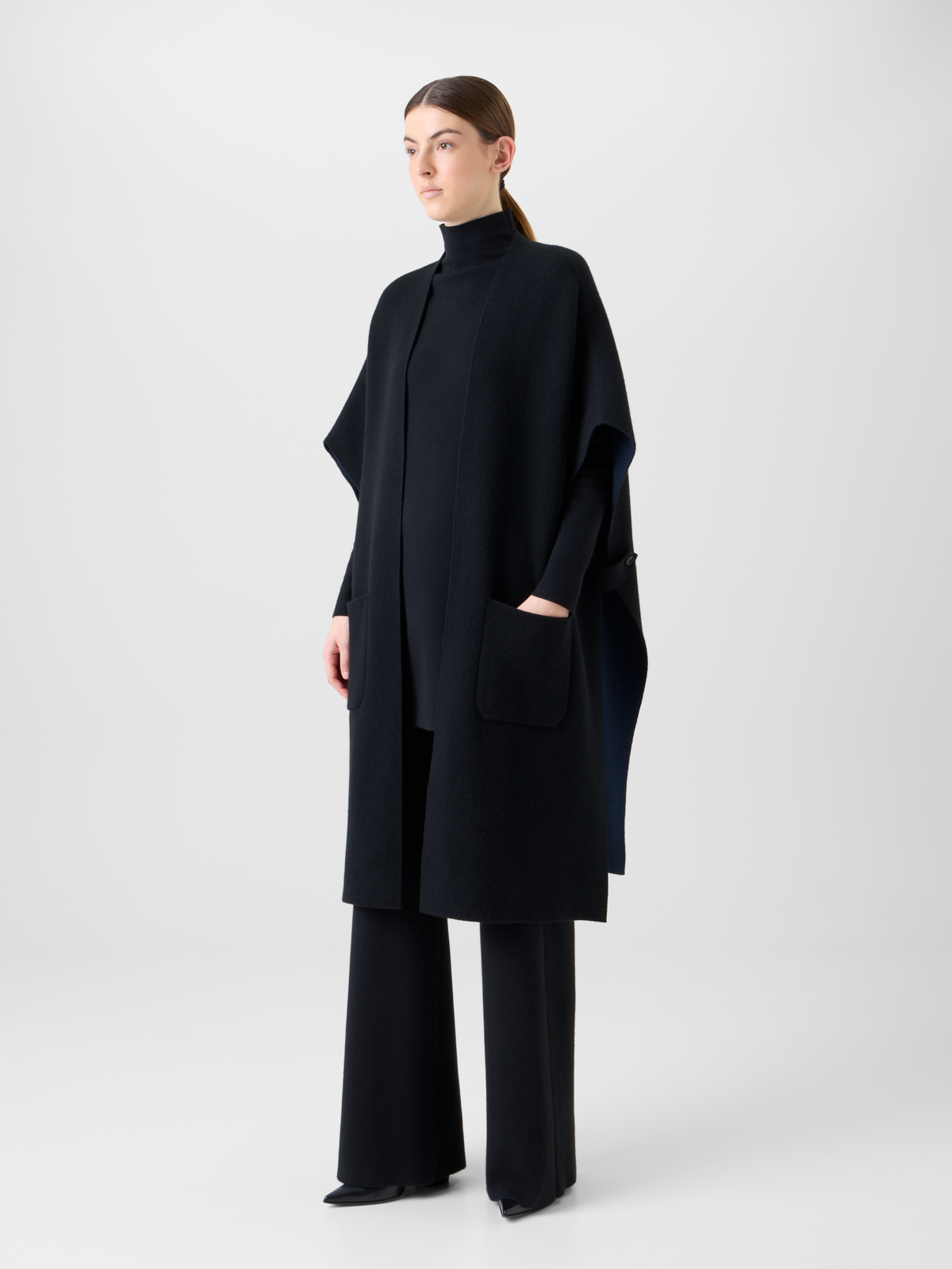 Designer Bi-Color Cashmere Double-Face Knit Cape - black - neutral - navy - blue - multicolor #editorial