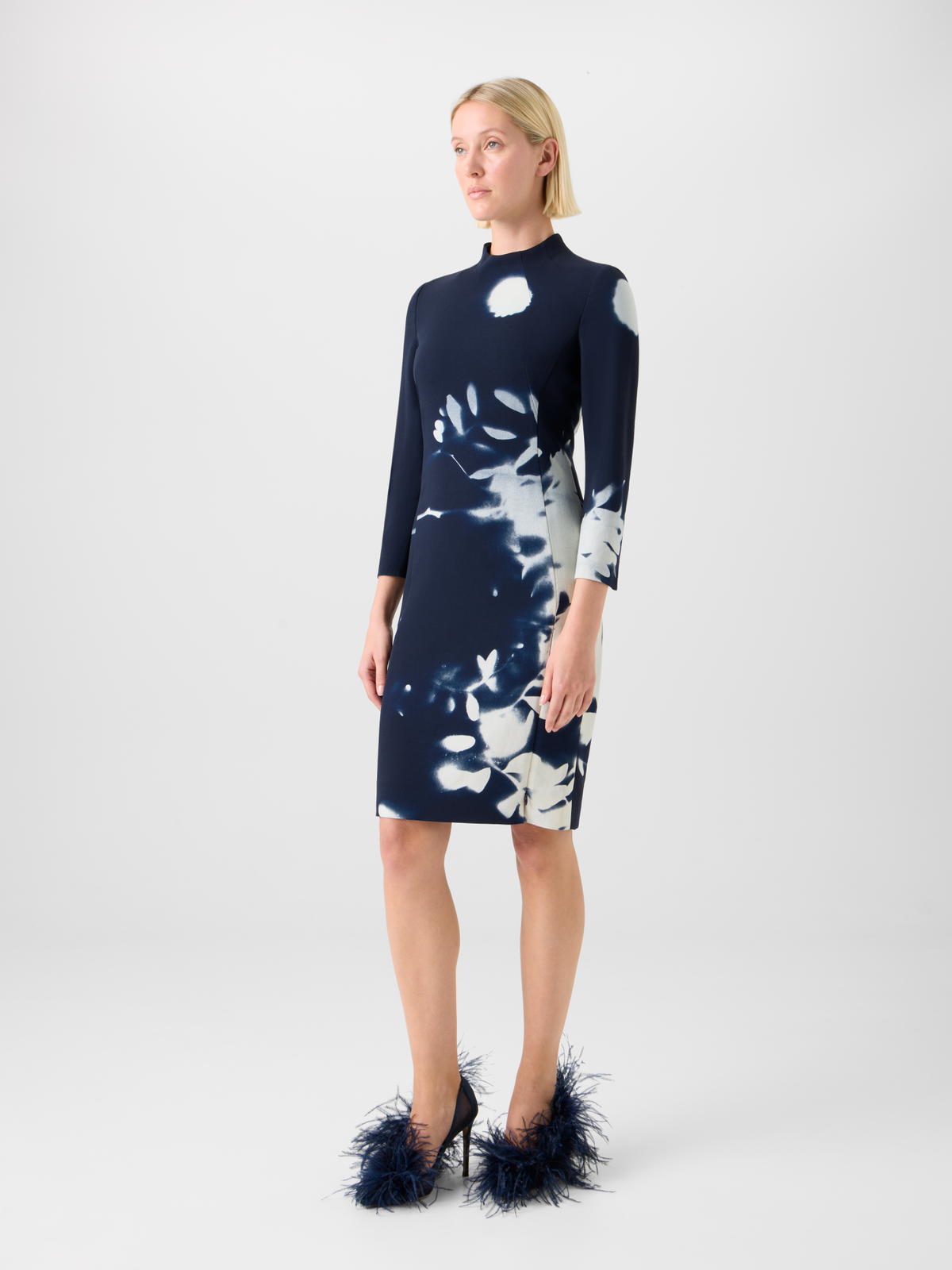 Designer Short Wool Mock Neck Dress in Wildflower Print - neutral - navy - blue - multicolor #editorial