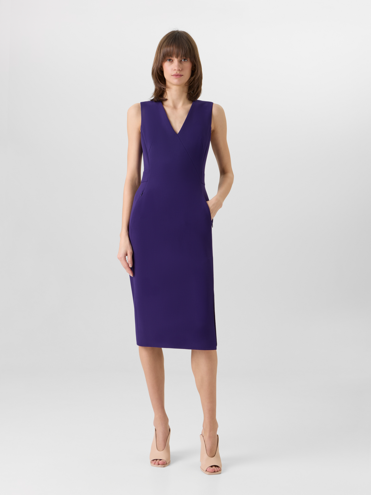 Designer Sleeveless Bi-Stretch Wool Double-Face Shift Dress - purple #editorial