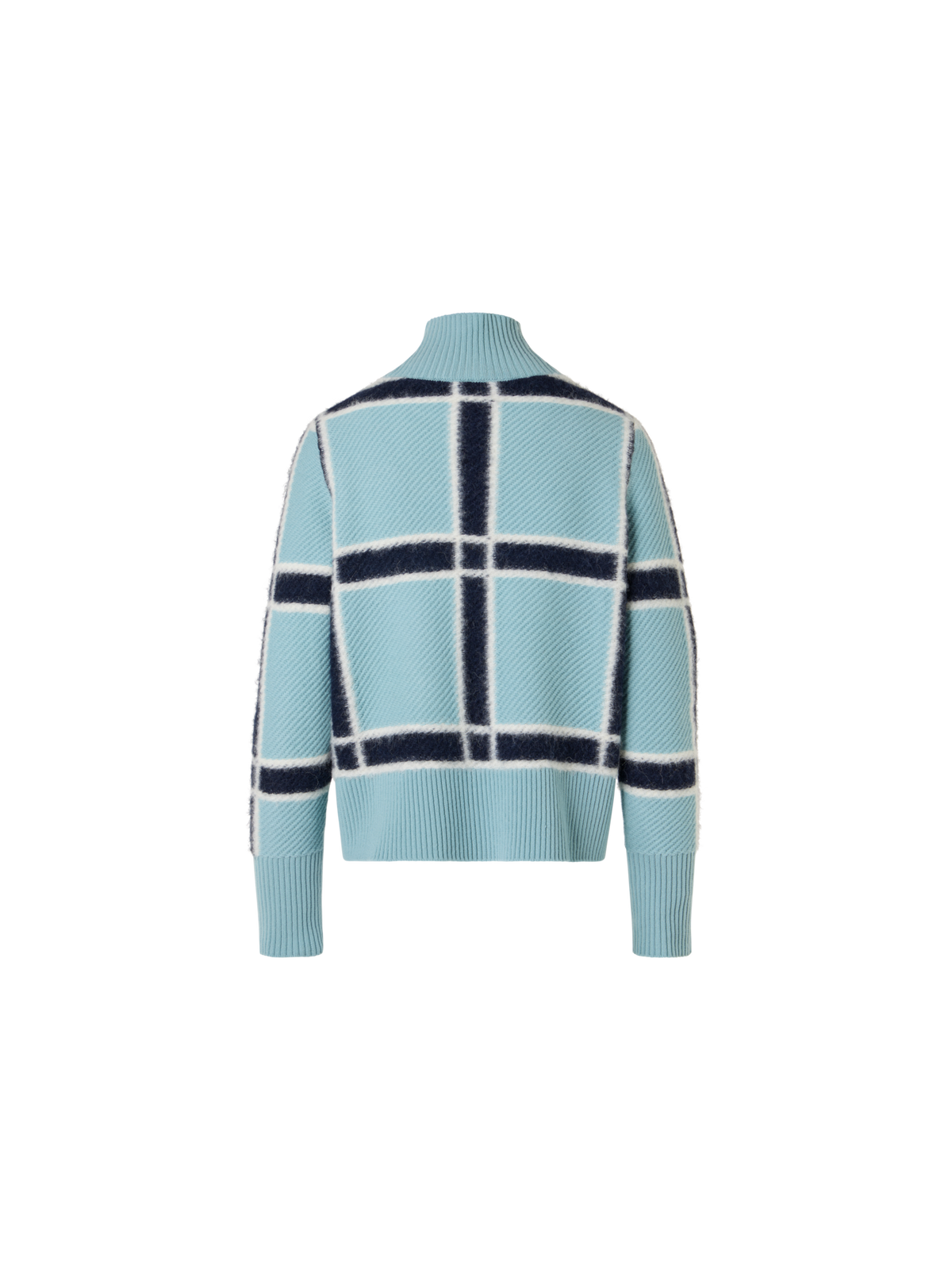 Designer Wool Cashmere Sweater with Intarsia Plaid - blue