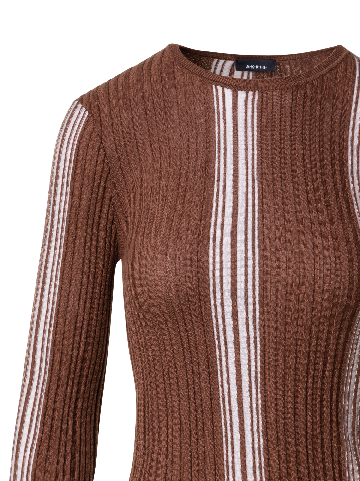 Designer Wool Silk Ribbed Sweater with Irregular Stripes - brown - multicolor