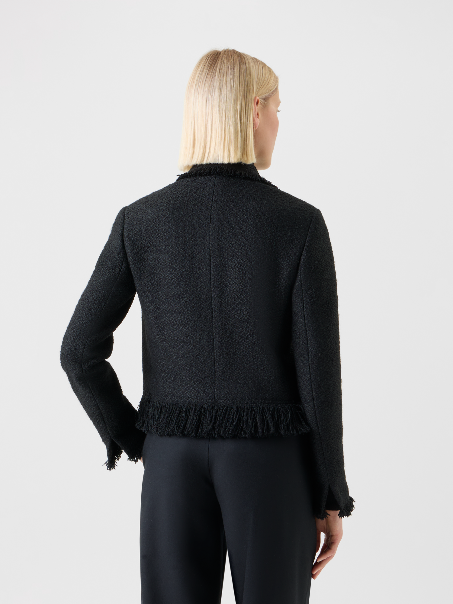 Designer Cropped Bouclé Tweed Jacket with Fringe Hem - black - neutral 