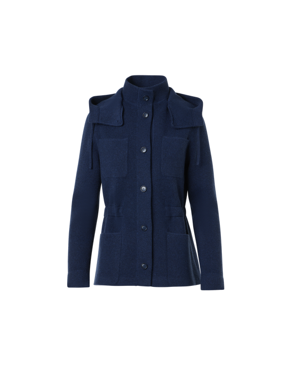 Designer Cashmere Piqué Hooded Knit Jacket - navy
