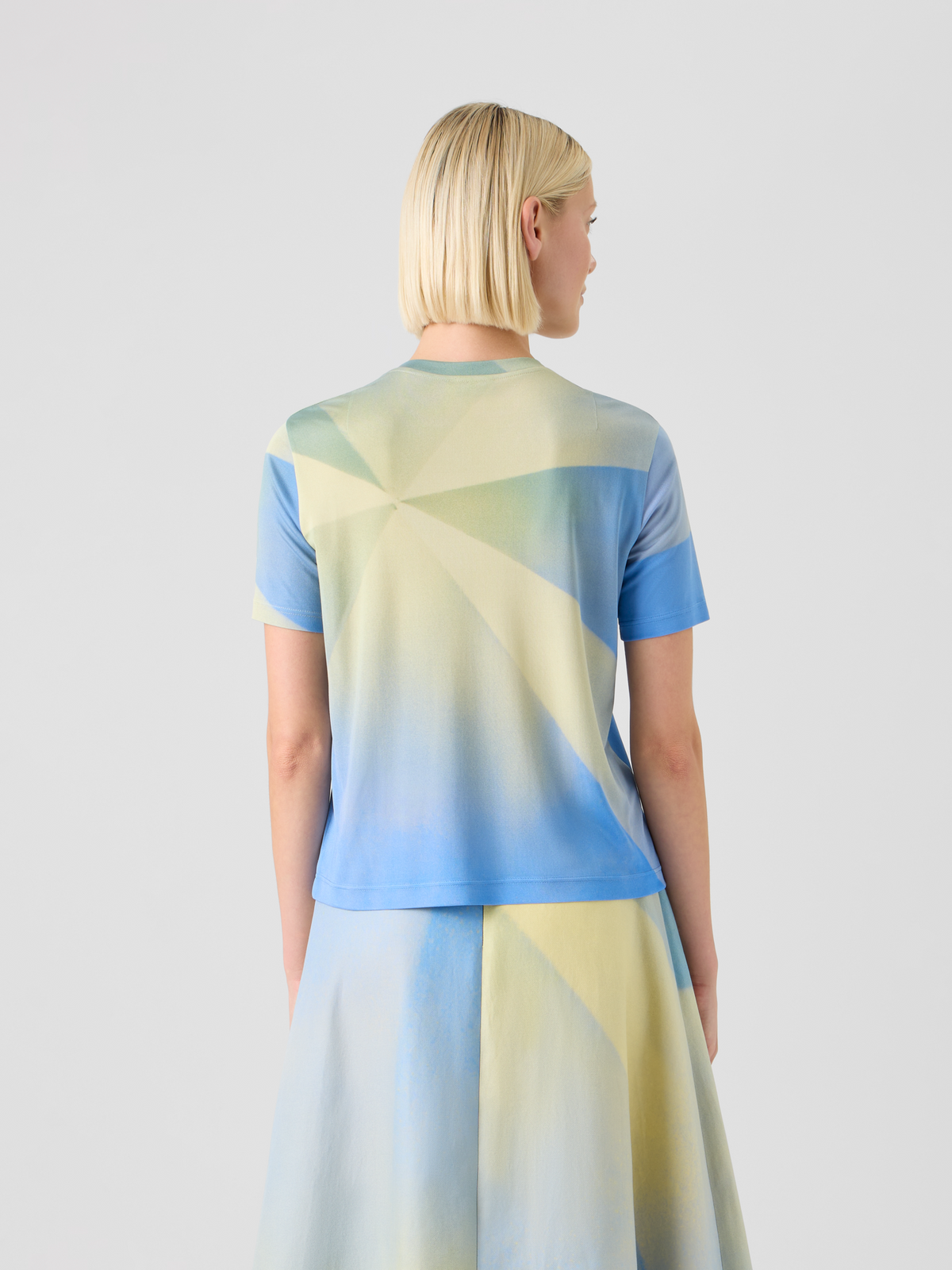 Designer Sunbeam Print Silk Jersey T-Shirt - blue - multicolor - yellow #editorial